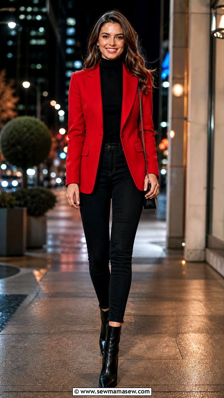 Red Blazer With Black Turtleneck And Dark Skinny Jeans - 40 blazer outfit ideas for women