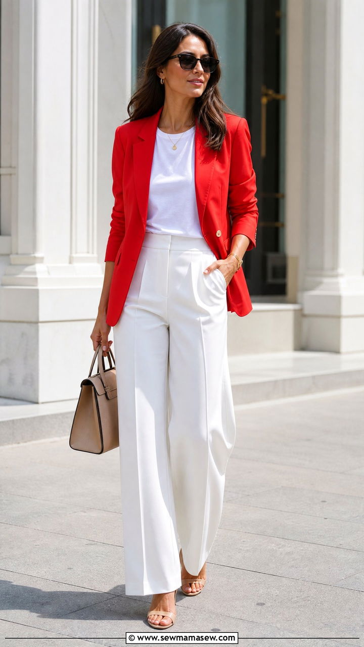 Red Blazer With Wide Leg White Trousers - 30 summer red outfit ideas
