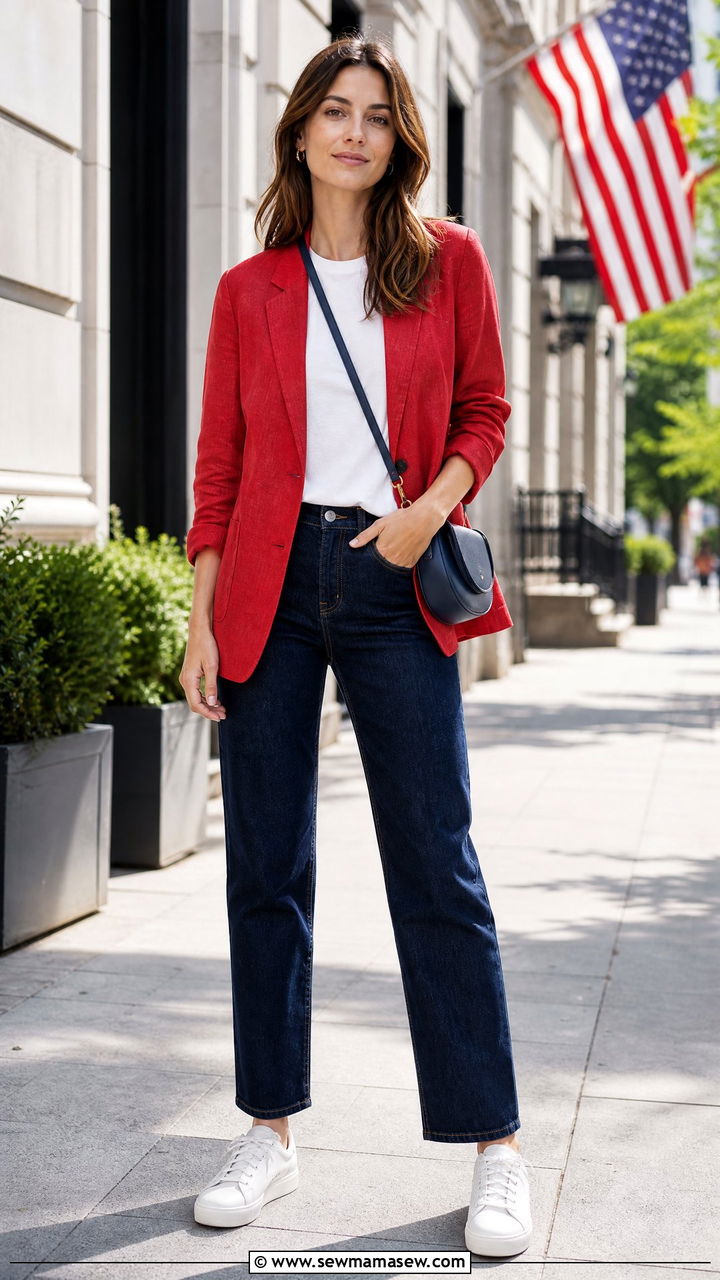 Red Blazer over a White Tee and Blue Jeans - 35 Memorial Day weekend outfit ideas