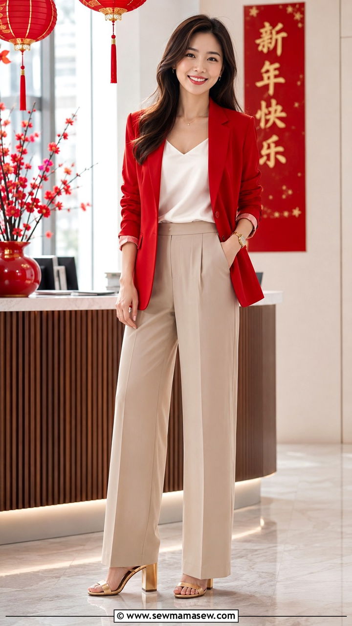 Red Blazer with Neutral Wide Leg Pants - 30 Lunar new year outfit ideas