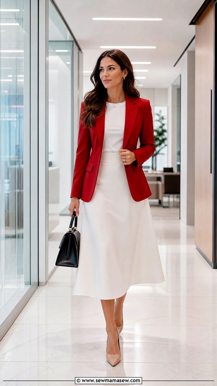 Red Blazer with White Midi Skirt and Pointed Heels - 25 How to style a midi skirt for work