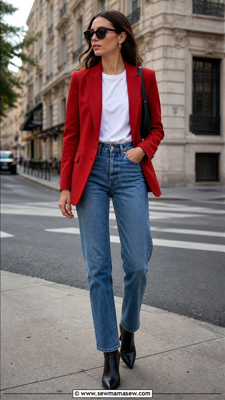 Red Blazer with White Tee and Jeans - 40 Red outfit ideas