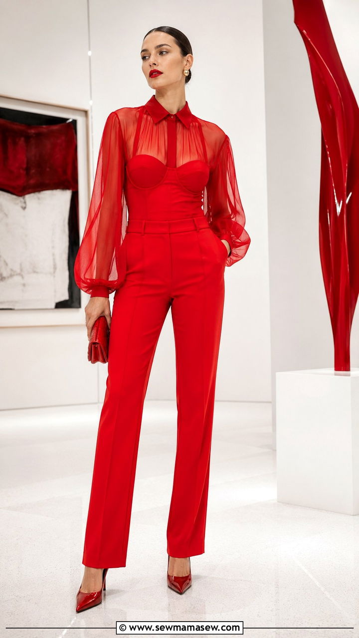 Red Bustier Top And Balloon Sleeve Blouse - 40 All red outfit ideas