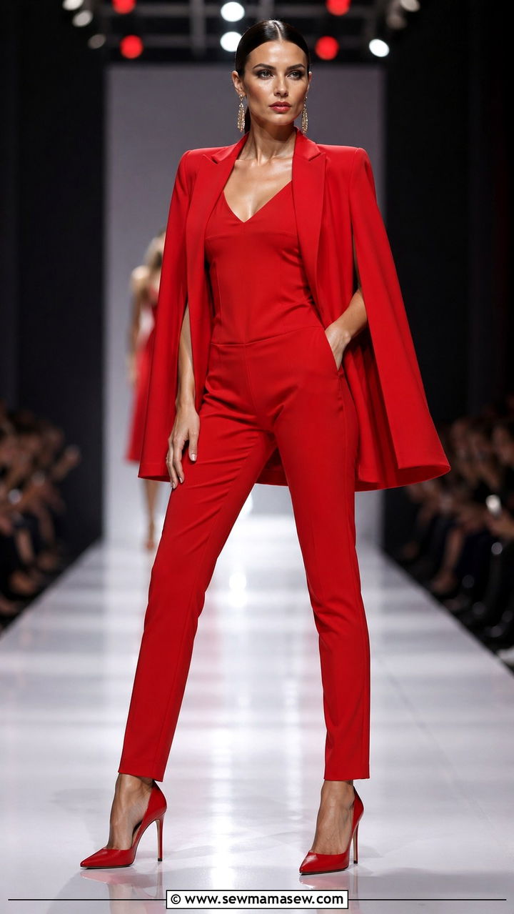 Red Cape Blazer And Slim Trousers - 40 All red outfit ideas