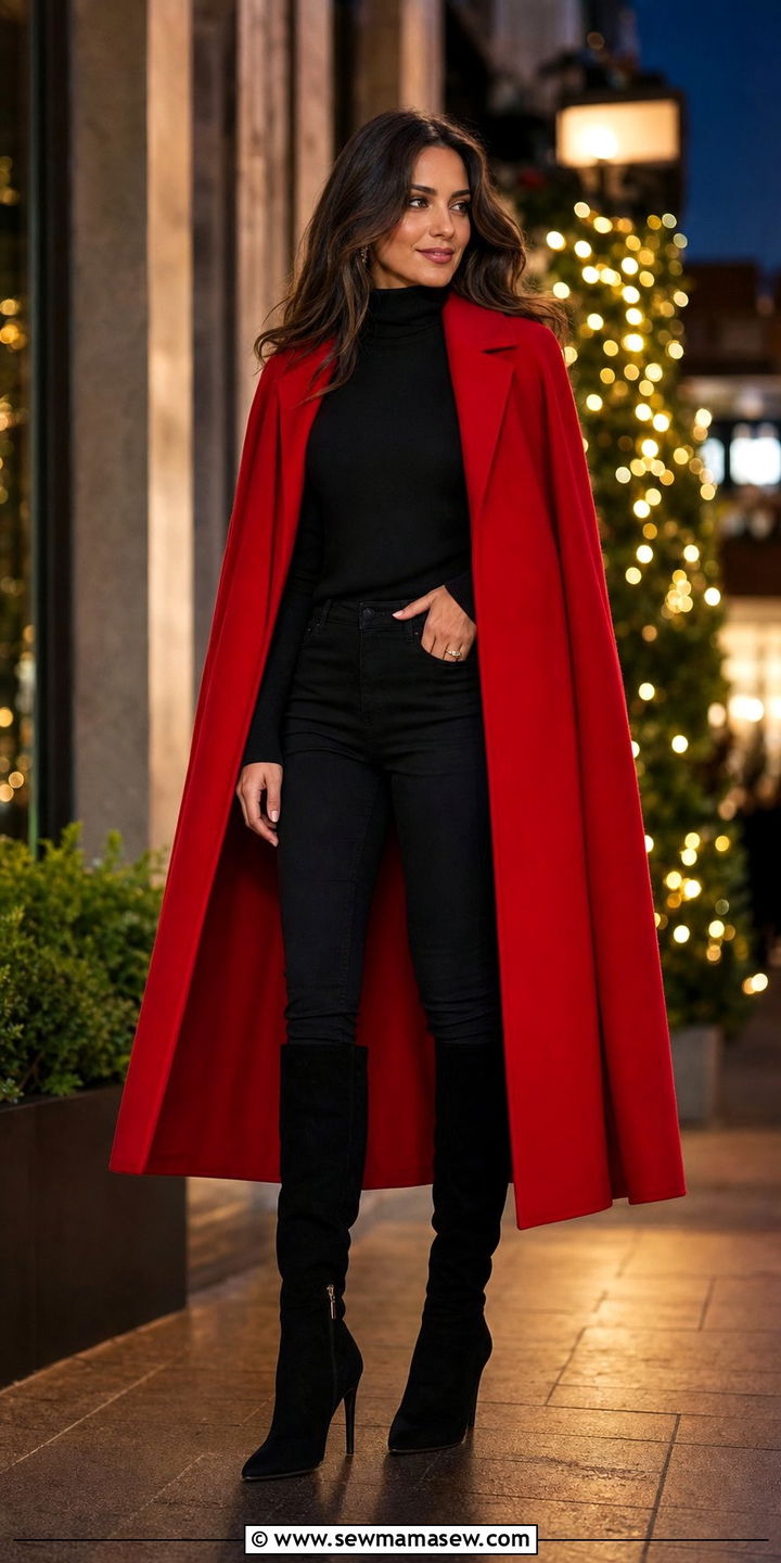 Red Cape Coat with Black Base and Knee High Boots - 35 Cape coat outfit ideas