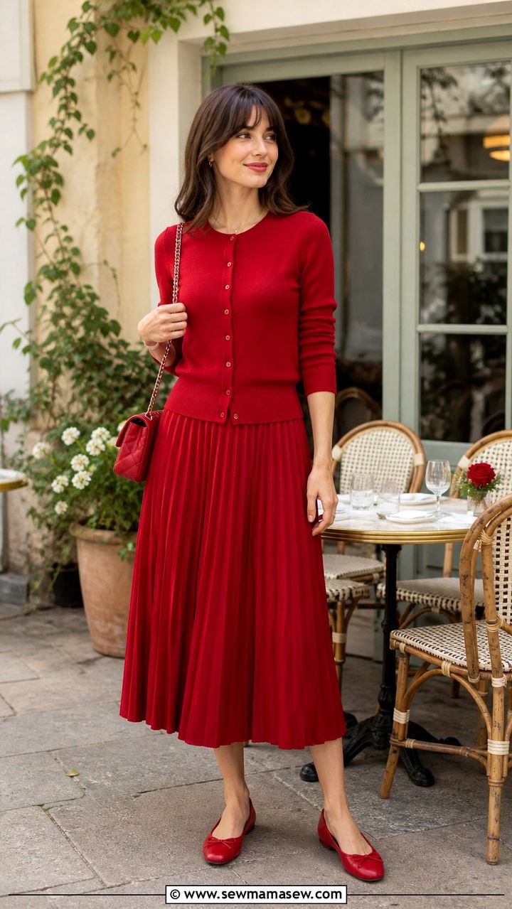 Red Cardigan And Pleated Midi Skirt - 40 All red outfit ideas