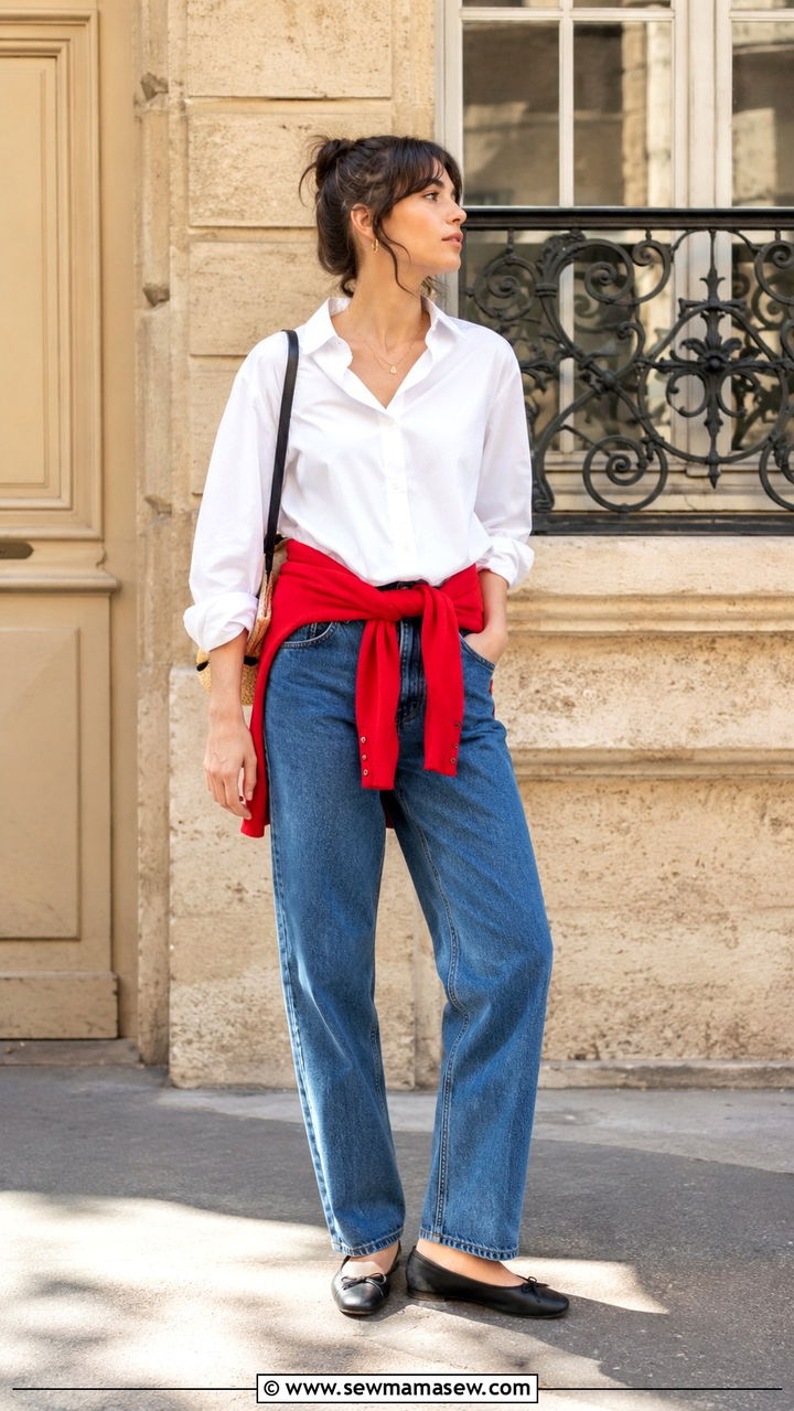 Red Cardigan Tied Around the Waist Over a White Button Down - 30 Parisian street style outfit ideas