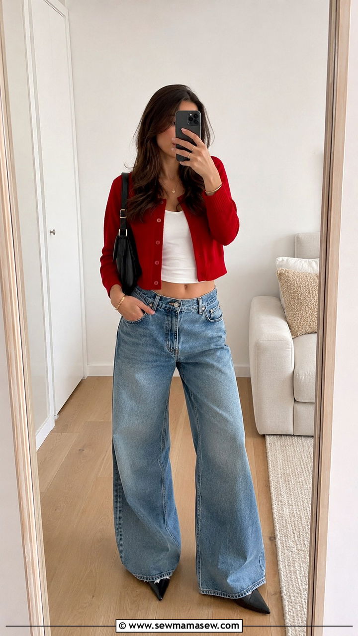 Red Cardigan With Baggy Wide Leg Jeans - 25 Wide leg jeans outfit ideas with a cardigan