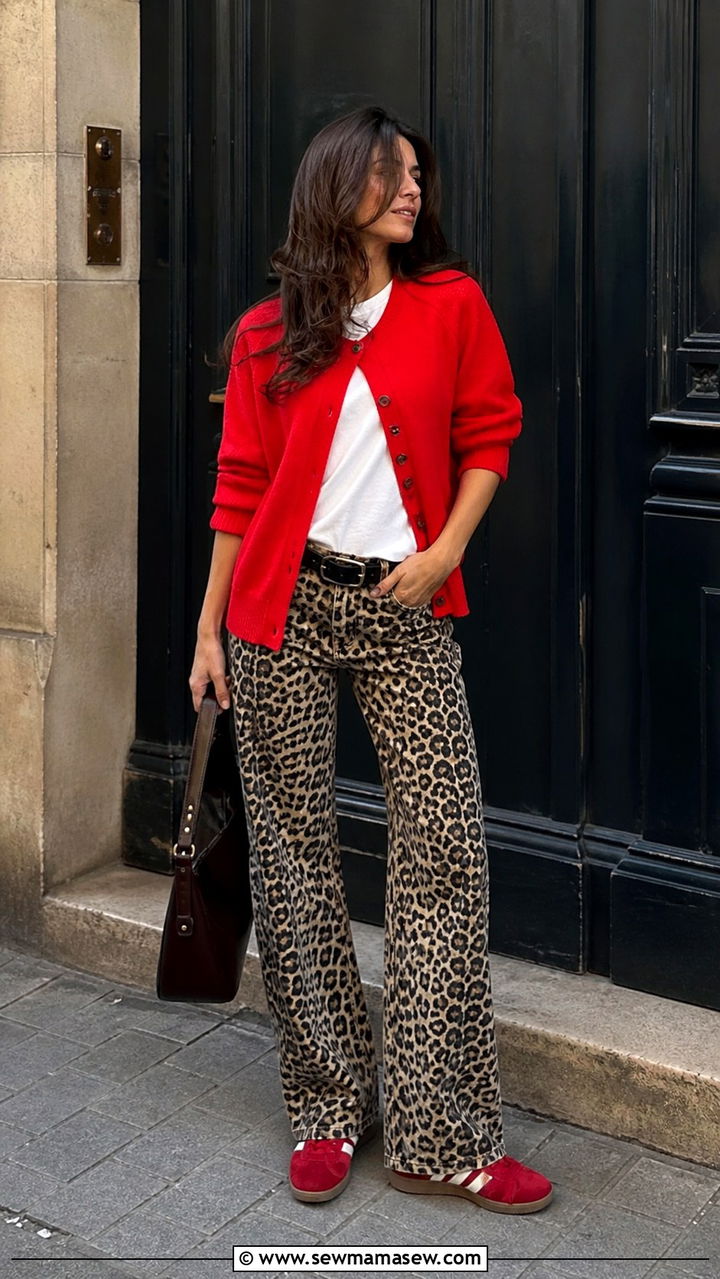 Red Cardigan and Leopard Print Trousers - 40 cute outfits