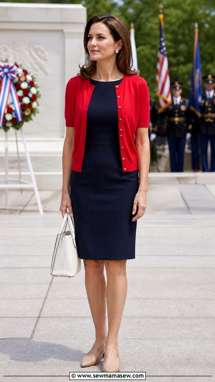 Red Cardigan and Navy Sheath Dress - 40 Memorial Day outfit ideas
