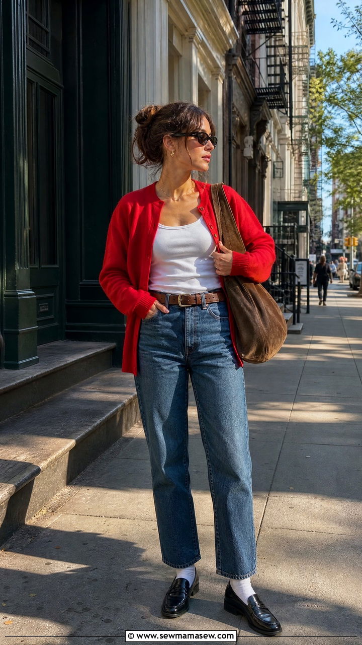 Red Cardigan and Straight Leg Jeans With Black Loafers - 35 Gigi Hadid summer outfit ideas