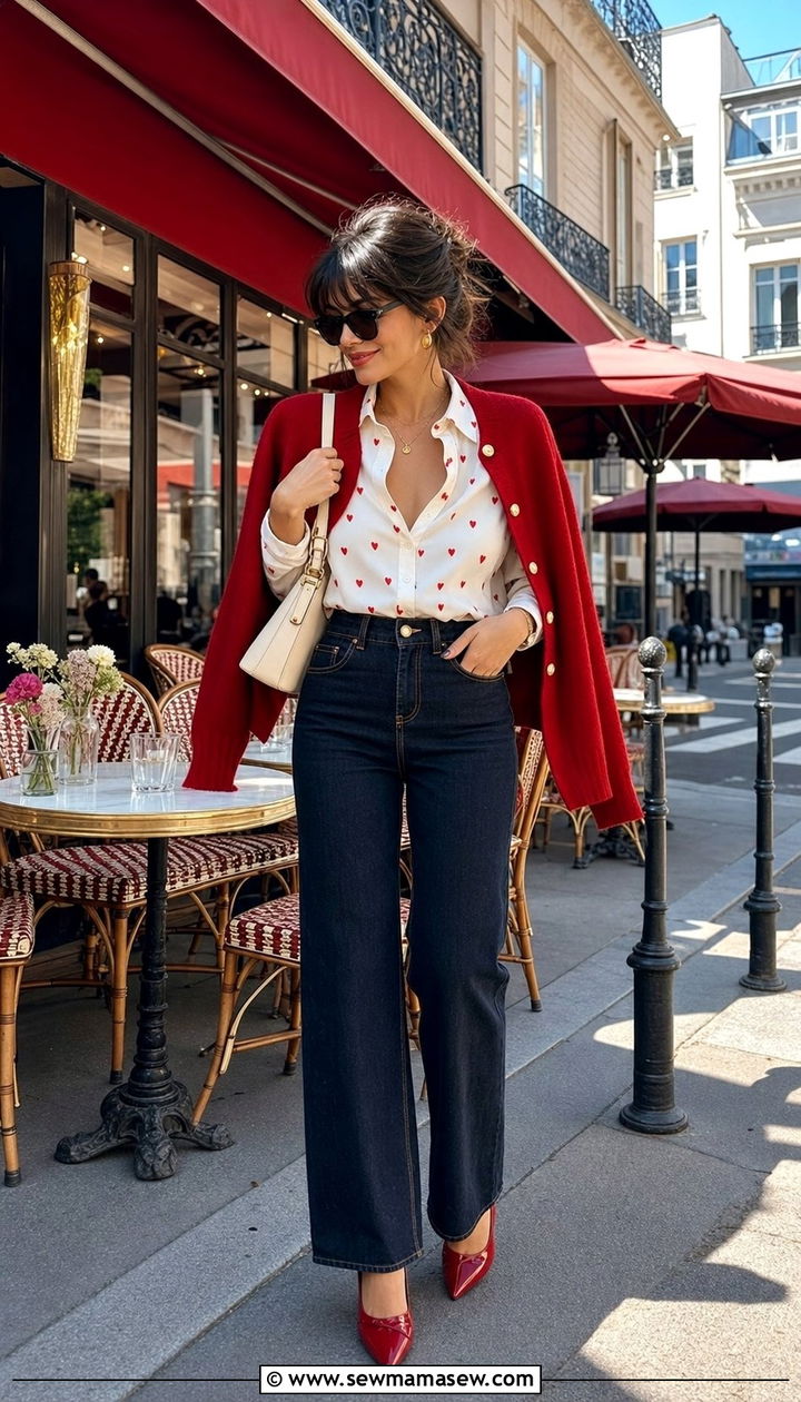 Red Cardigan with Heart Print Shirt and High Waisted Jeans - 25 classy Paris outfits
