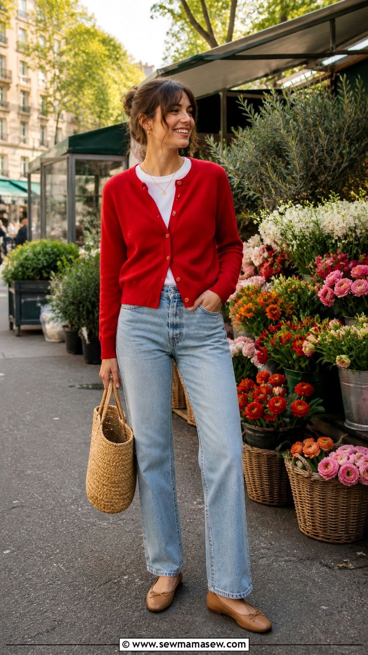 Red Cardigan with White Tee and Jeans - 40 parisian outfits for women