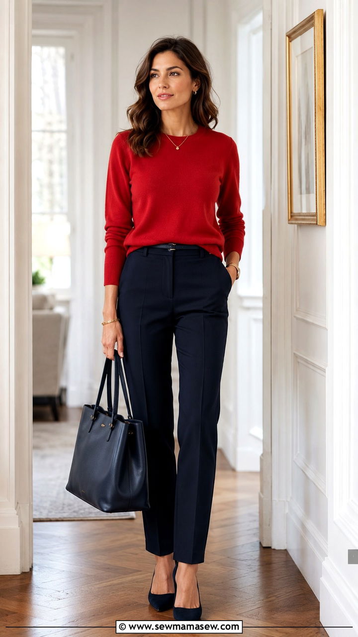 Red Cashmere Sweater With Navy Trousers for Work - 30 Red outfit ideas for work