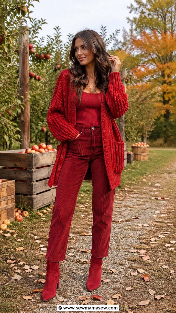 Red Chunky Cardigan And Corduroy Pants - 40 All red outfit ideas