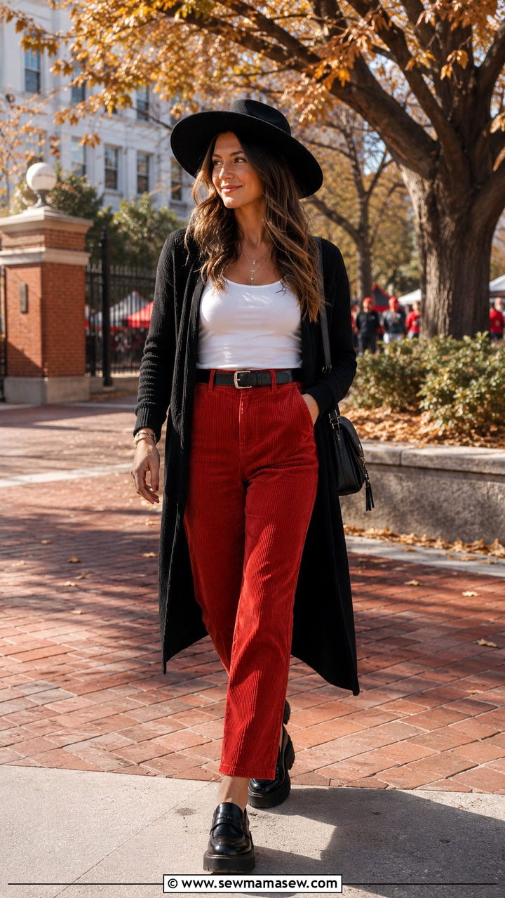 Red Corduroy Pants with White Tank and Black Cardigan - 20 Gameday outfit ideas Georgia