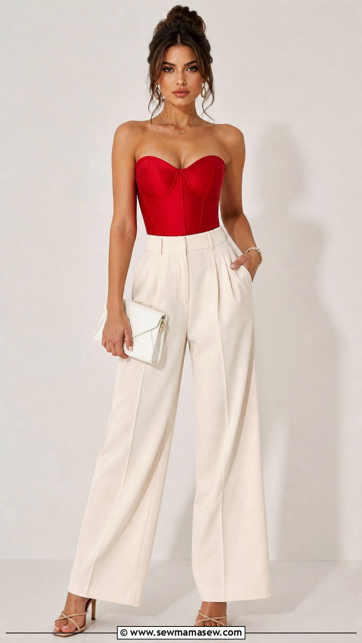 Red Corset Top with Wide Leg Trousers - 40 Red outfit ideas