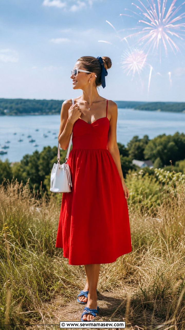 Red Cotton Sundress With Blue Sandals And White Oversized Sunnies - 30 July 4th weekend outfit ideas