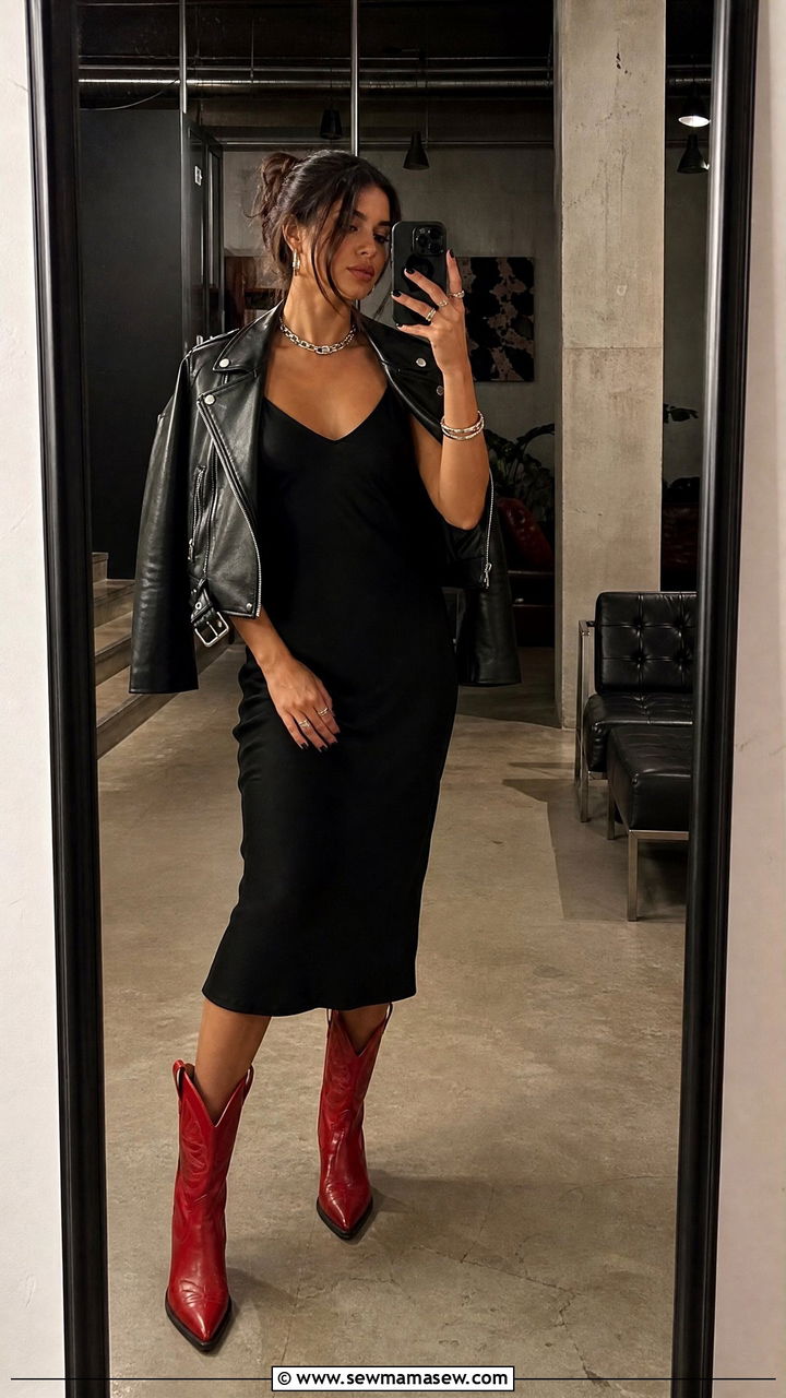 Red Cowboy Boots With Black Midi Dress - 30 Midi dress with cowboy boots outfit ideas