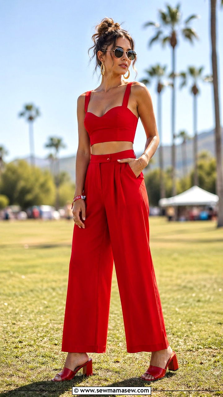 Red Crop Top And High Waisted Wide Leg Pants - 40 All red outfit ideas