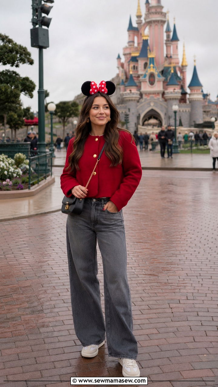 Red Cropped Jacket and Grey Wide Leg Jeans Casual Disney Outfit - 30 Disneyland Paris outfit ideas