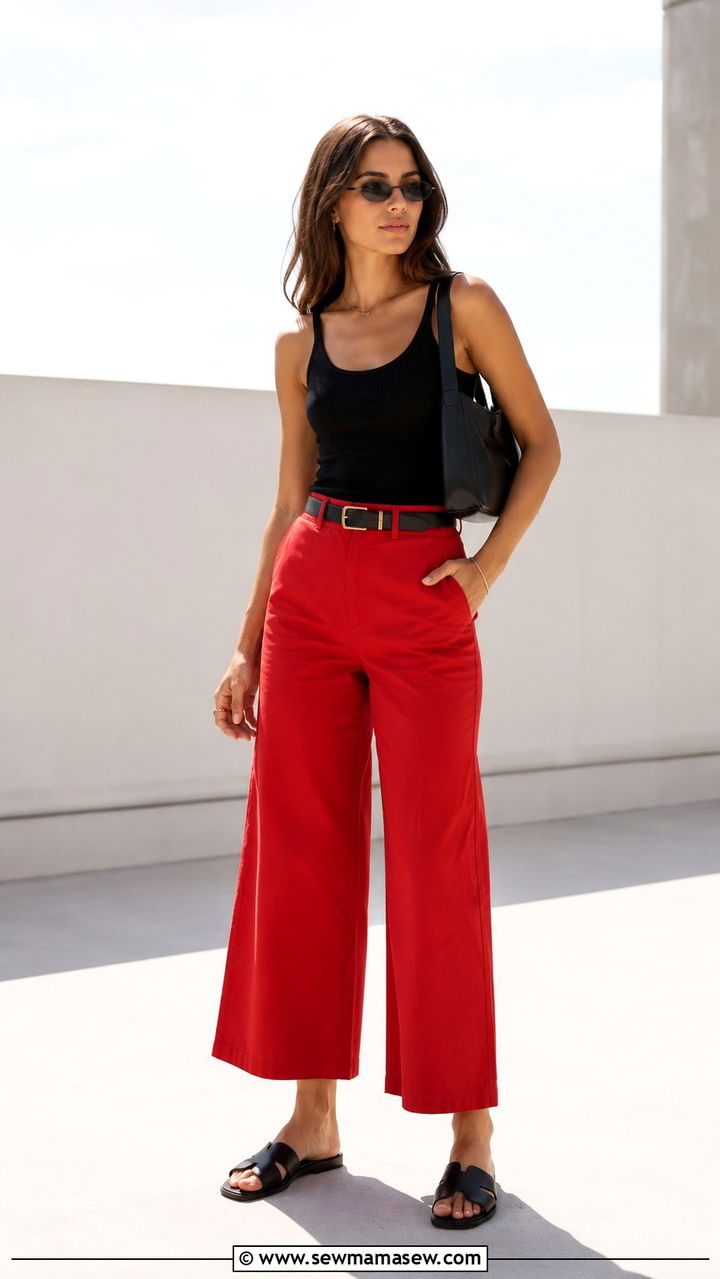 Red Cropped Wide Leg Pants With Black Ribbed Tank - 30 spring red outfit ideas