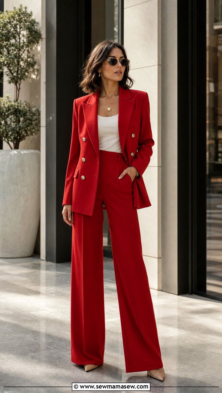 Red Double Breasted Blazer and Wide Leg Trousers Set - 25 Sofia Richie summer outfit ideas