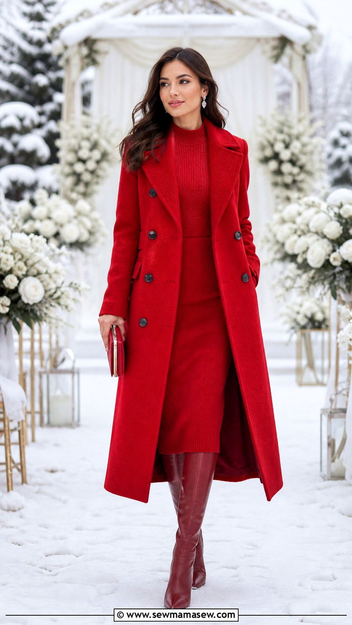 Red Double Breasted Coat And Midi Dress - 40 All red outfit ideas