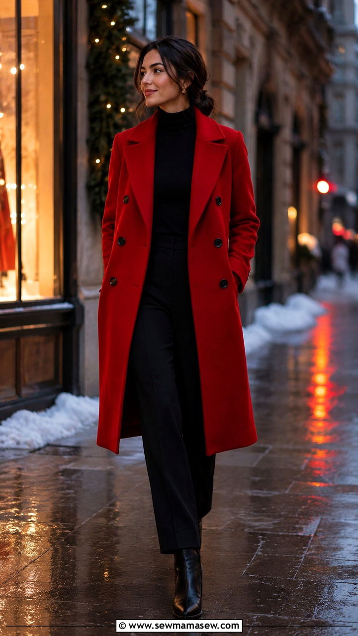 Red Double Breasted Coat with All Black Underlayers - 30 Double breasted coat outfit ideas