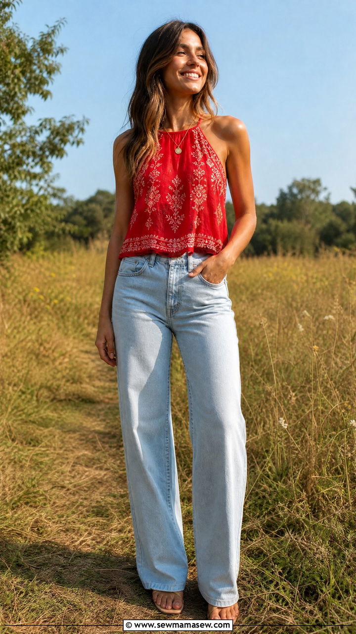 Red Embroidered Halter Top With Light Wash Denim - 35 Hailey Bieber summer outfit ideas