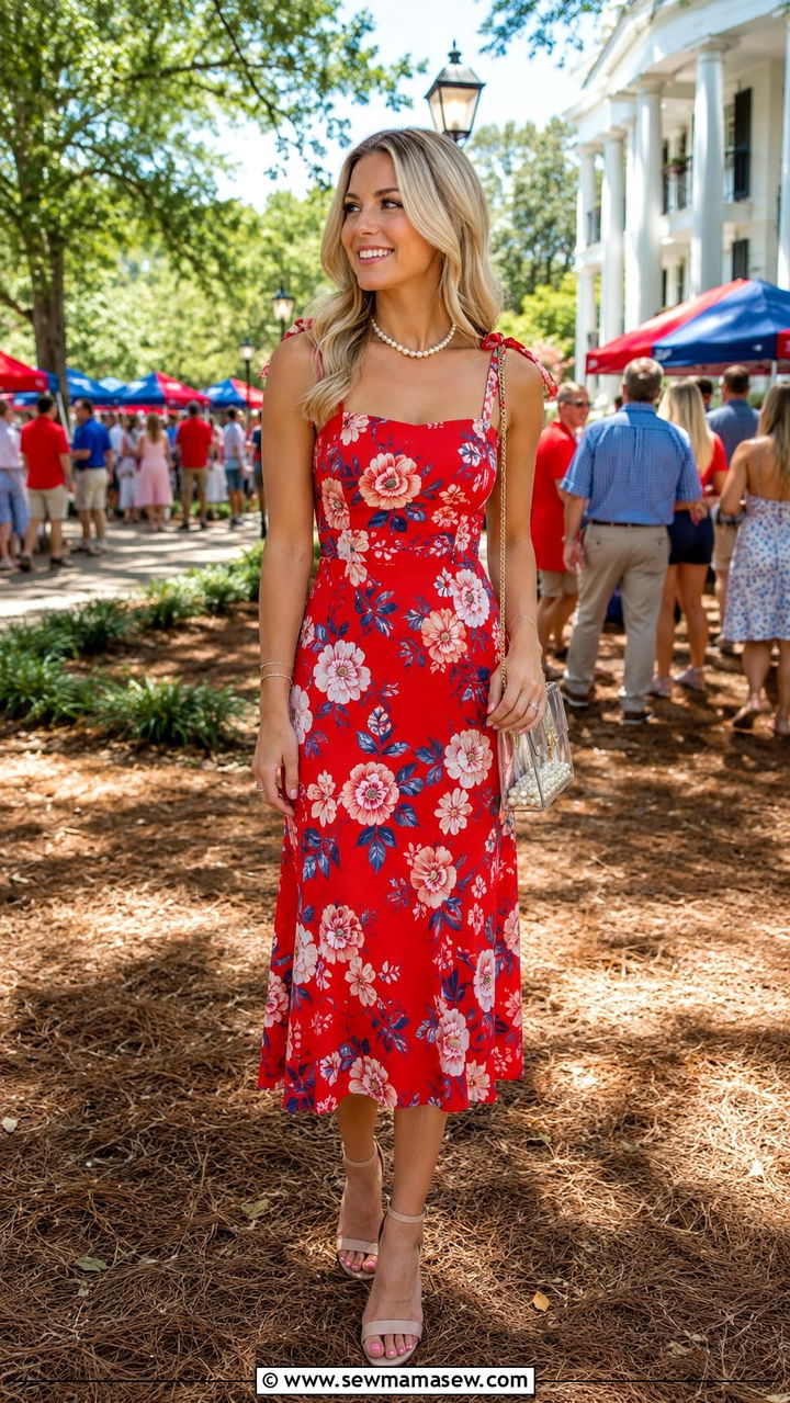 Red Floral Dress with Pearls and Nude Heeled Sandals - 20 Gameday outfit ideas Ole Miss