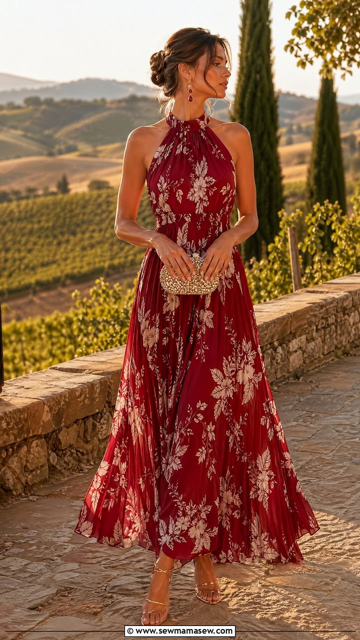 Red Floral Halter Maxi Dress - 35 European summer outfits inspo