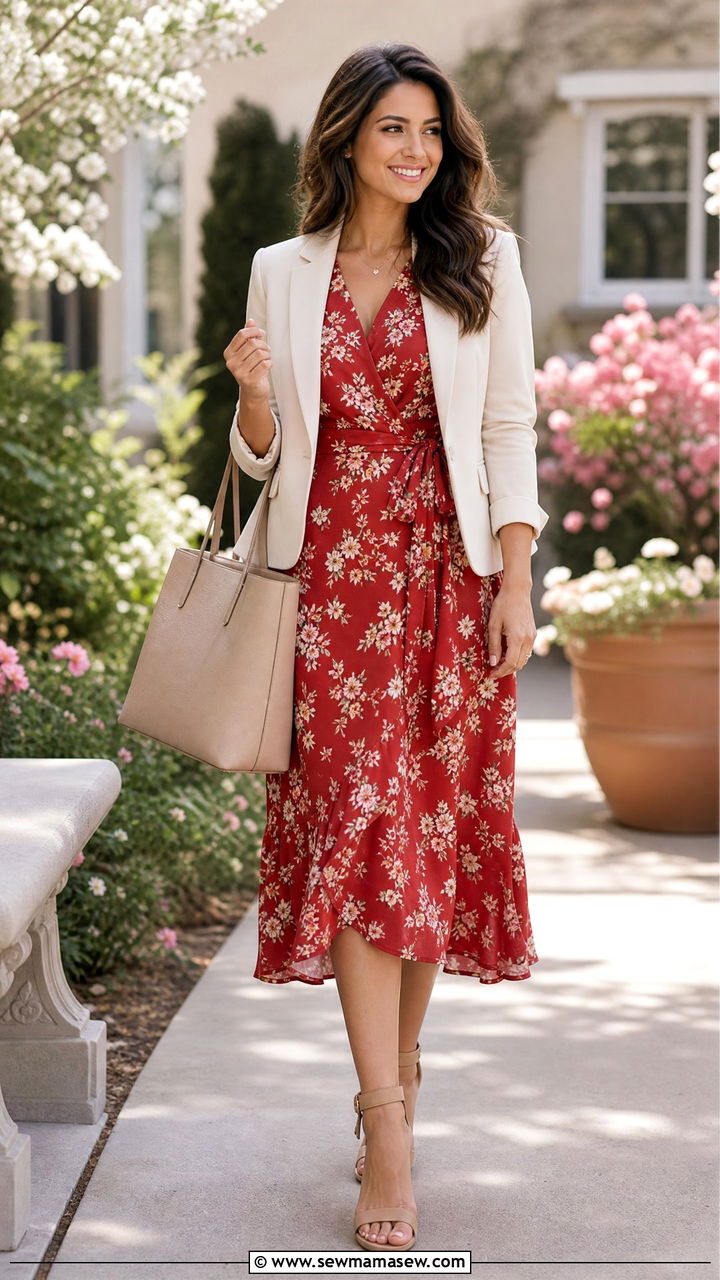 Red Floral Print Dress for Work - 30 Red outfit ideas for work