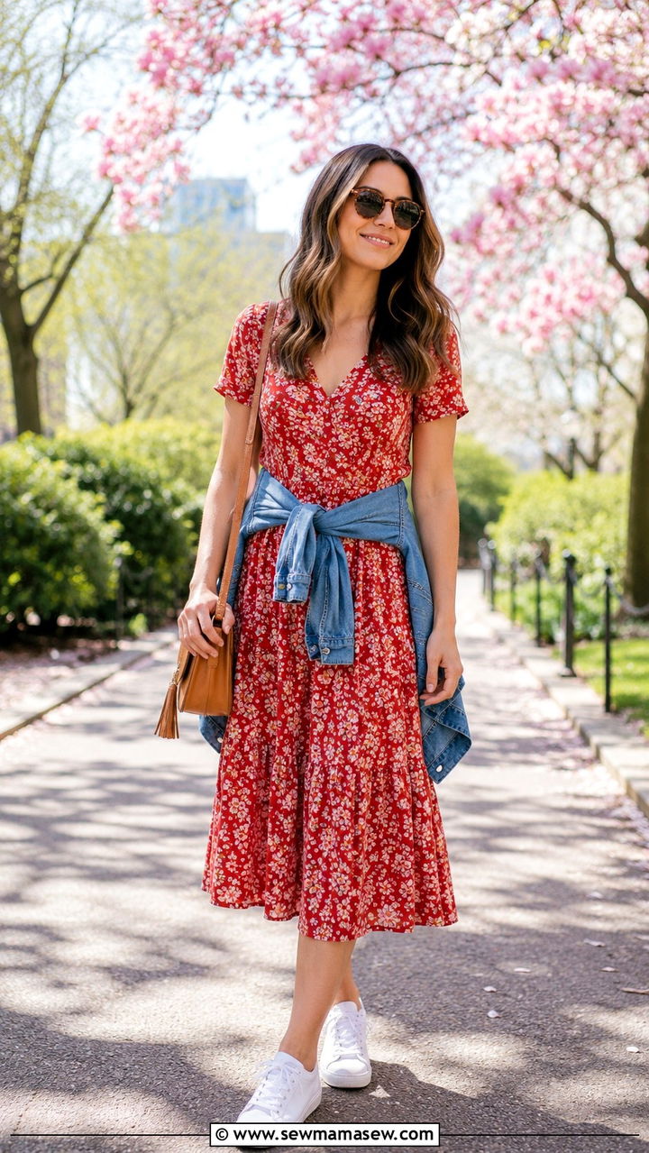 Red Floral Print Tea Dress With A Denim Jacket - 30 spring red outfit ideas