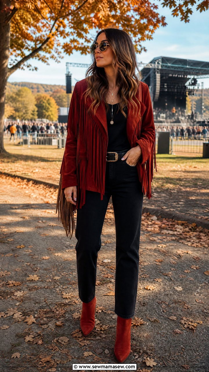 Red Fringe Jacket With Black Skinny Jeans And Ankle Boots - 30 Taylor Swift concert outfit ideas