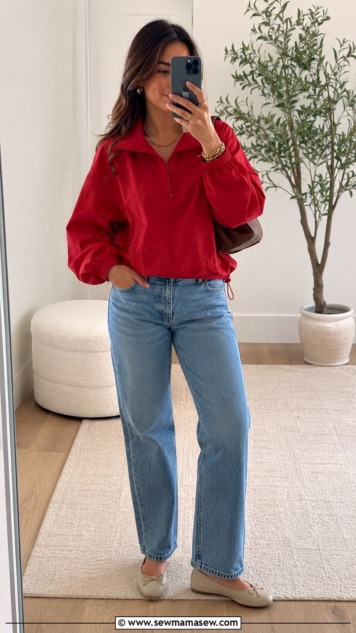 Red Funnel Neck Windbreaker With Straight Leg Jeans And Ballet Flats - 30 casual windbreaker outfits