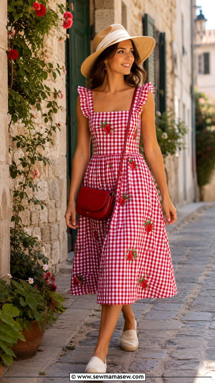 Red Gingham Dress With Strawberry Embroidery And A Straw Sun Hat - 20 Strawberry girl outfit ideas 2026