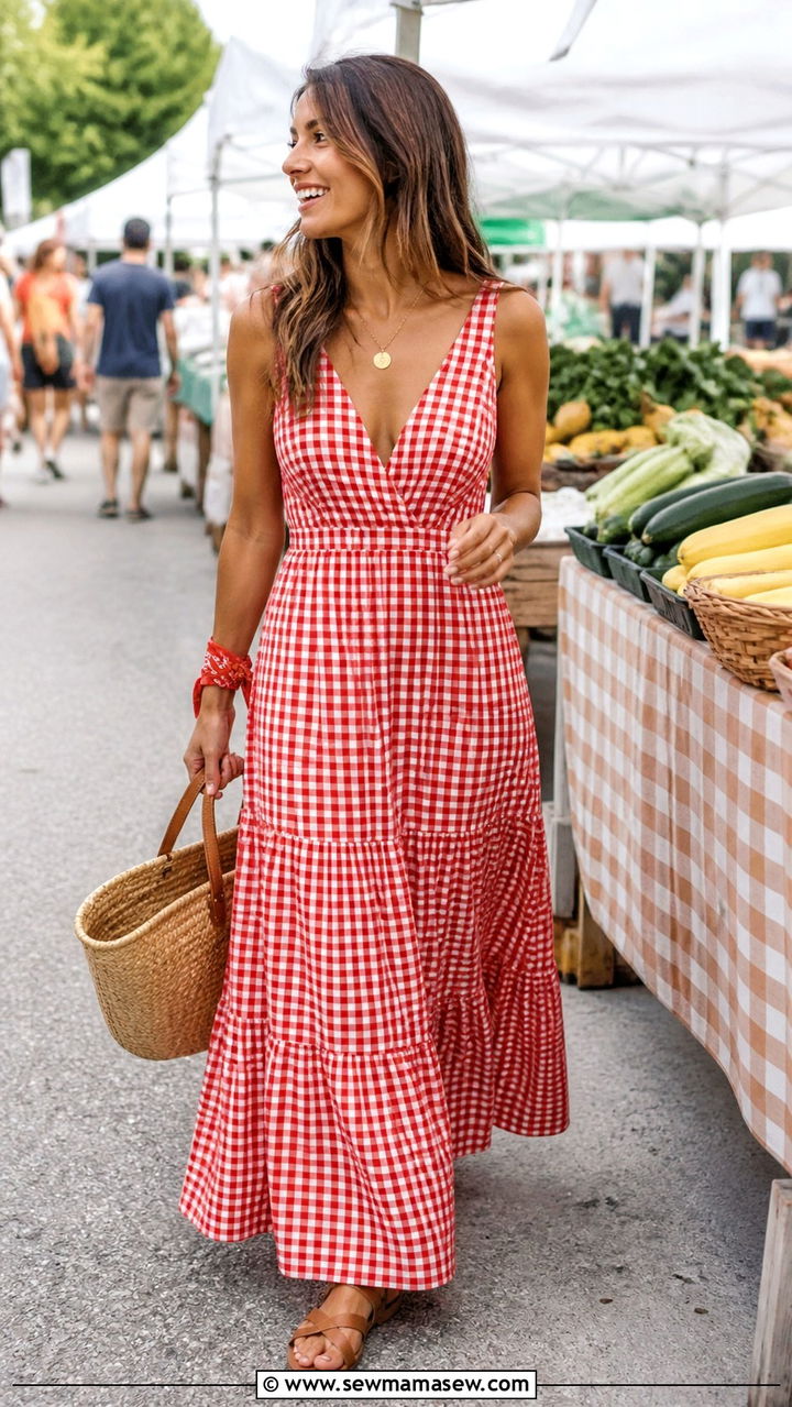 Red Gingham Maxi Dress With Woven Basket Bag - 40 summer street style outfits