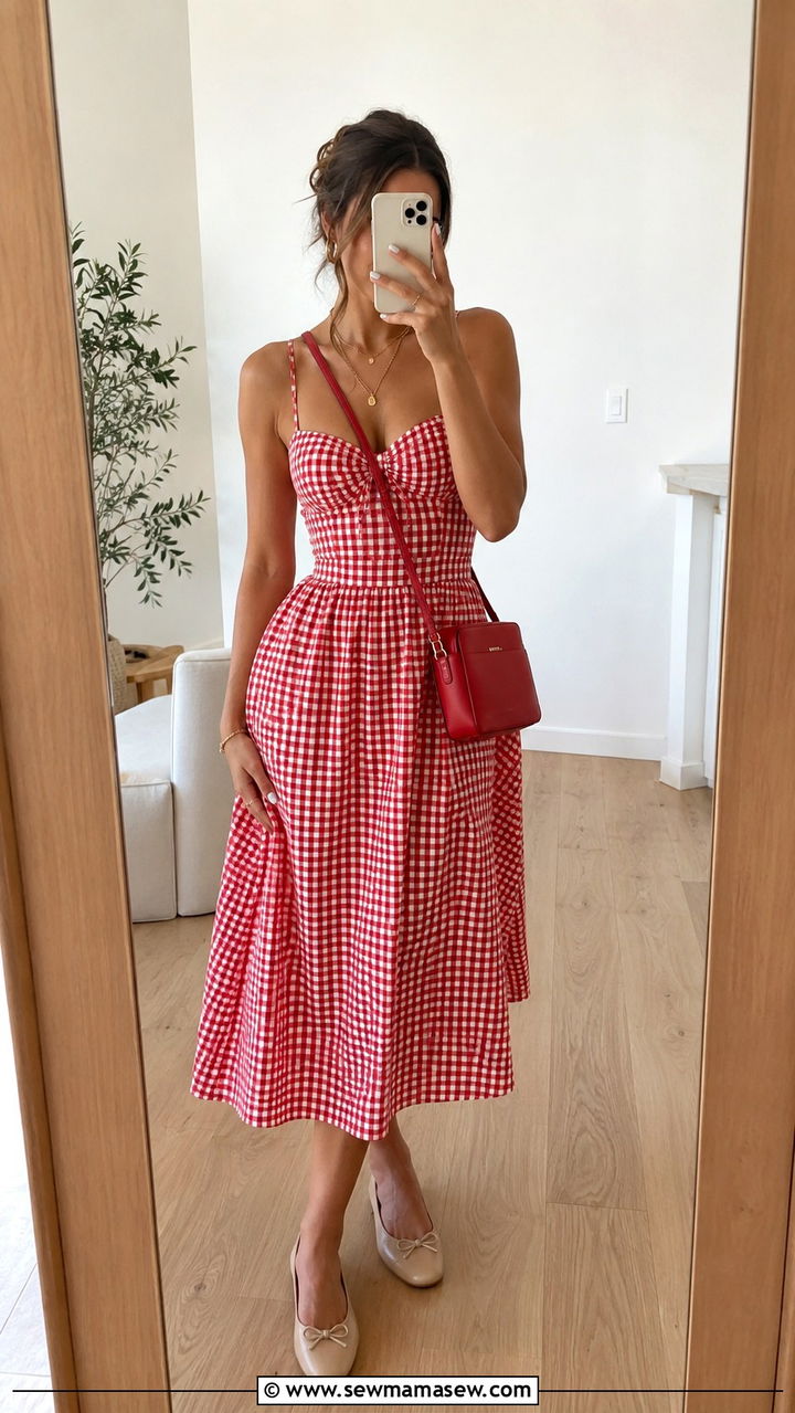 Red Gingham Midi Dress With Ballet Flats - 30 Tomato girl summer outfits