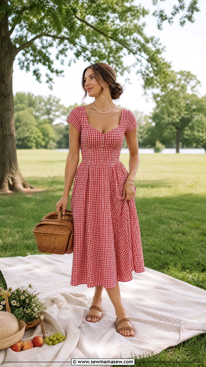 Red Gingham Midi Dress With Strappy Sandals - 30 summer fourth of july outfit ideas
