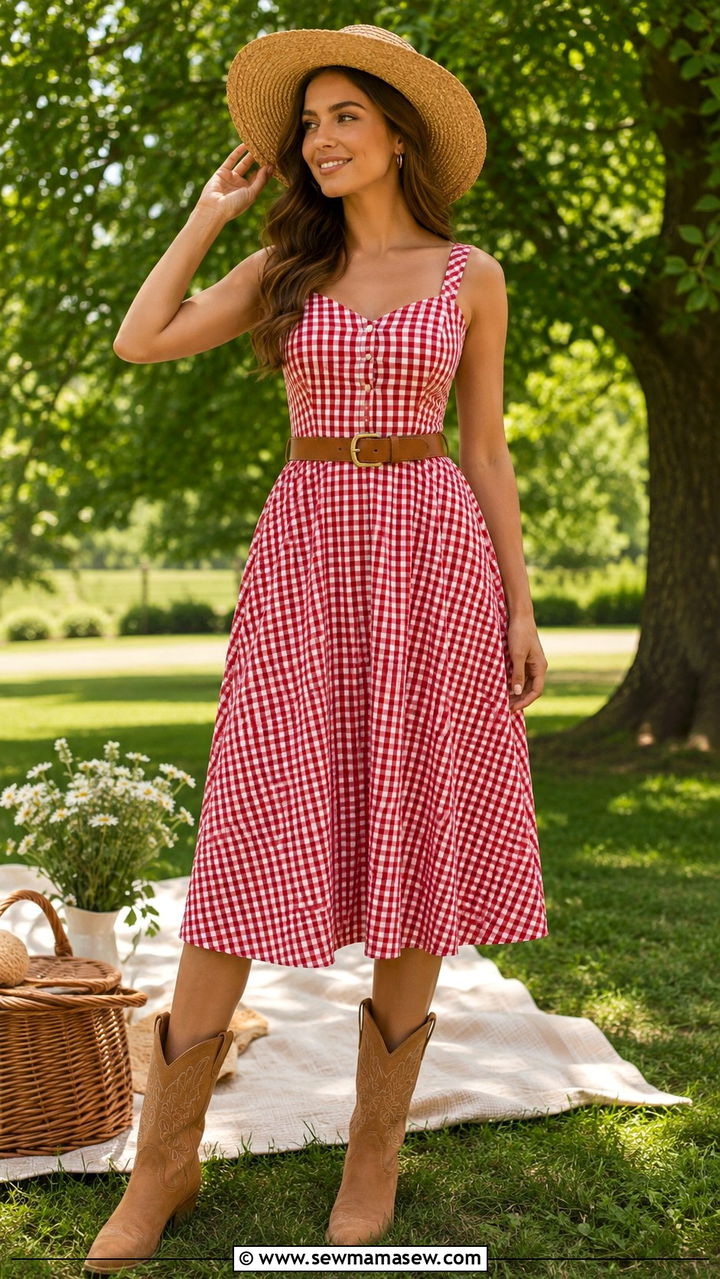 Red Gingham Midi Dress With Straw Hat And Tan Cowboy Boots - 25 Western outfit ideas with dress