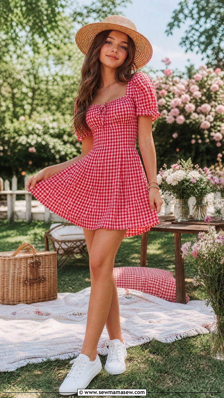 Red Gingham Mini Dress with Puff Sleeves - 30 Cute outfits for teen girls