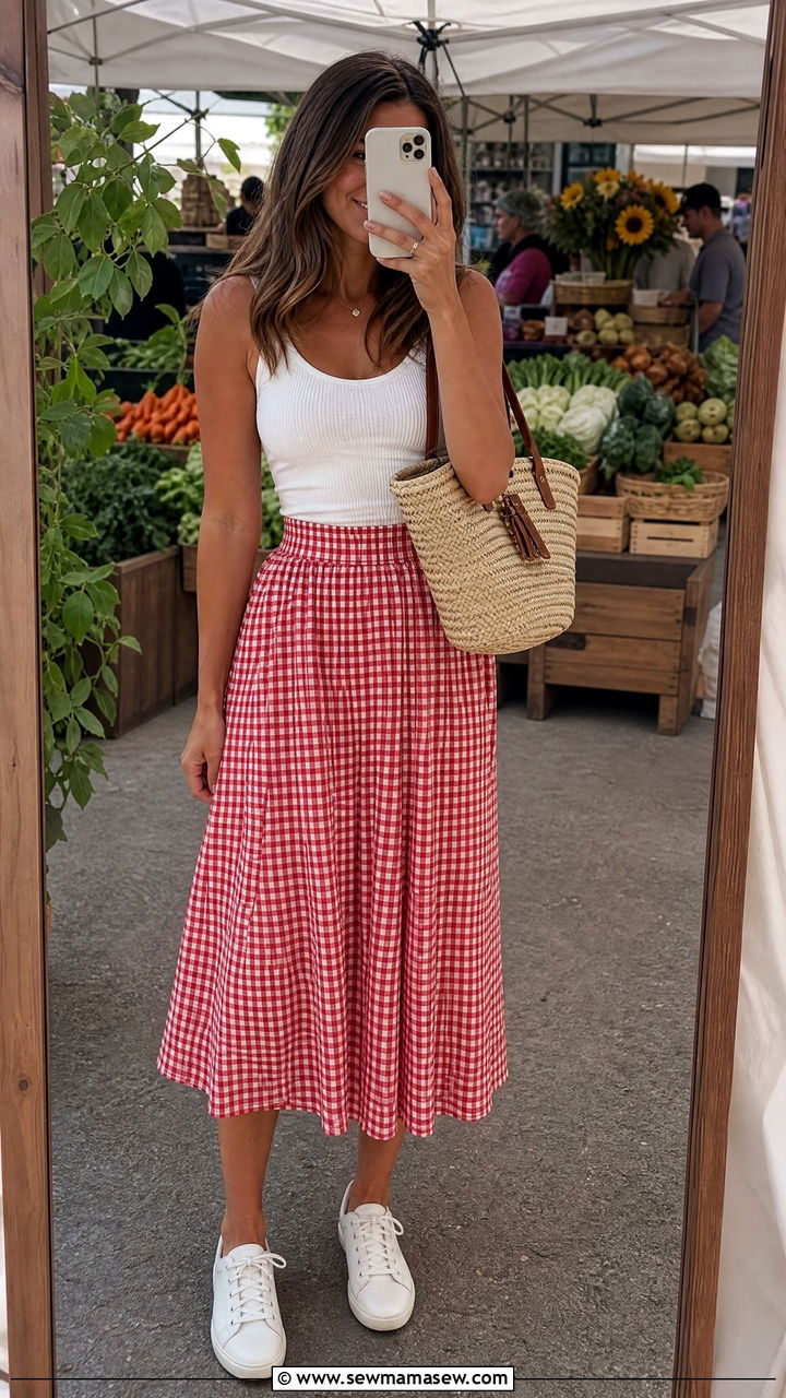 Red Gingham Skirt White Tank July Outfit - 35 July outfits for women