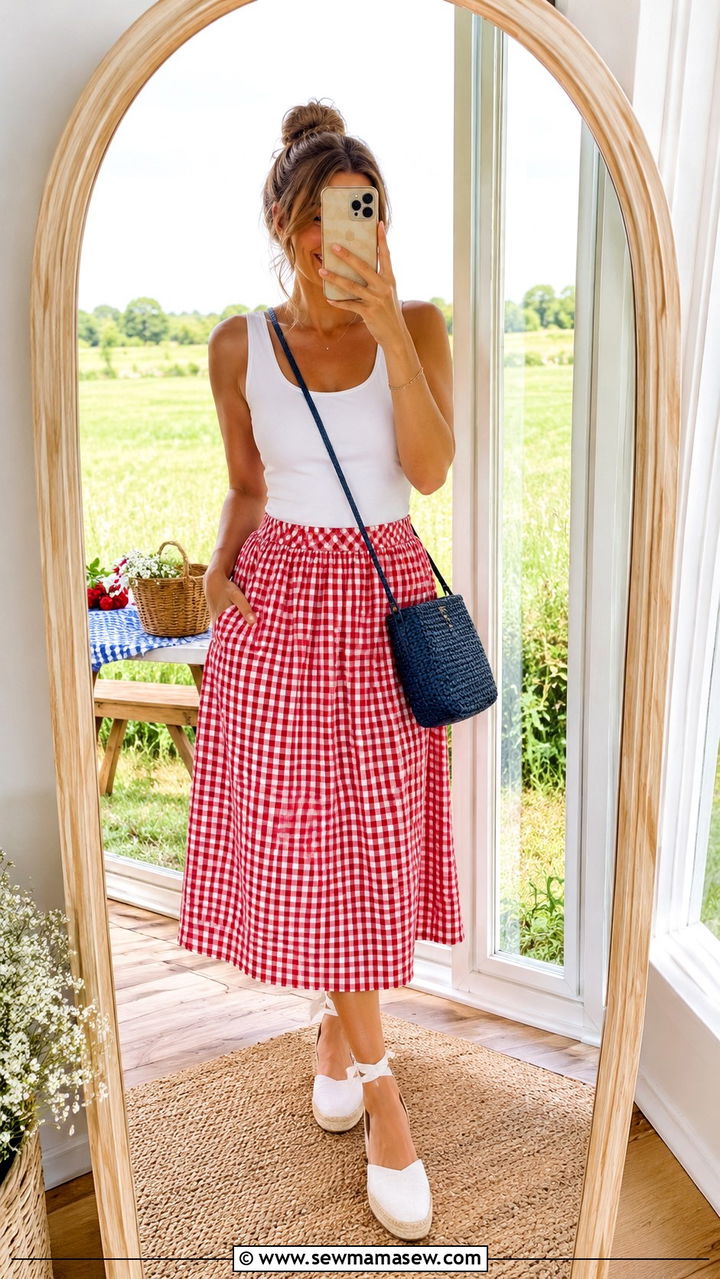 Red Gingham Skirt With a White Tank - 25 4th of July outfit ideas