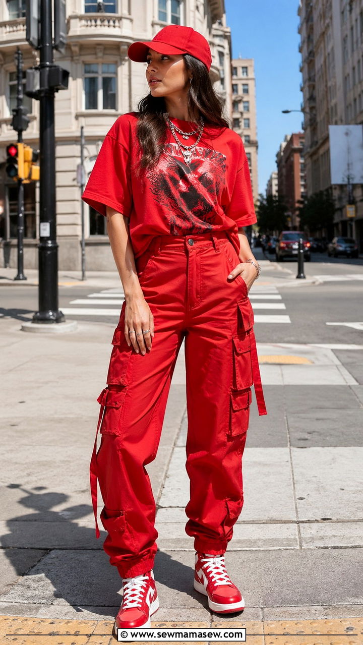Red Graphic Tee And Cargo Pants - 40 All red outfit ideas