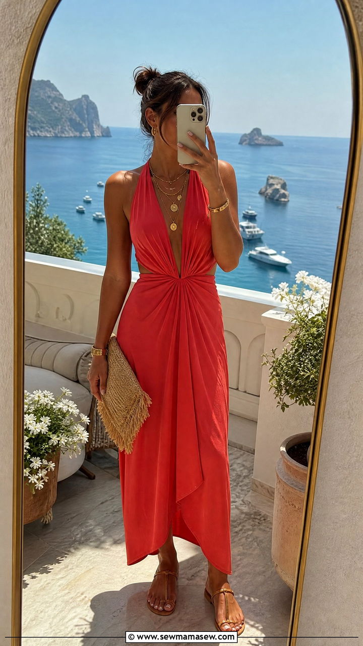 Red Halter Dress With Gold Jewelry - 25 French girl outfit ideas with Rouje dress