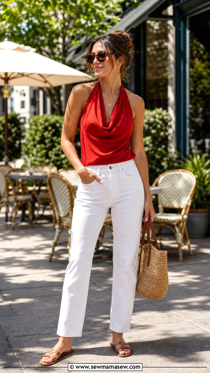 Red Halter Top With White Jeans - 25 summer halter top outfit ideas