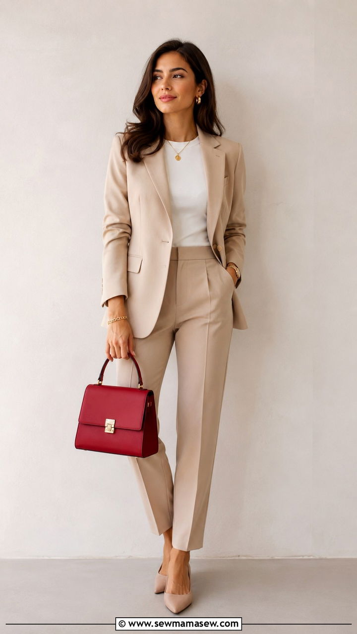 Red Handbag With a Beige Blazer and Trousers for Work - 30 Red outfit ideas for work