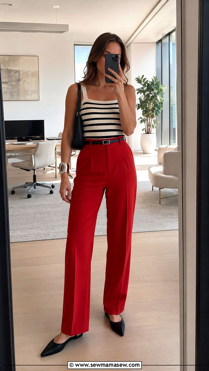 Red High Waisted Trousers With A Striped Knit Tank - 30 spring red outfit ideas