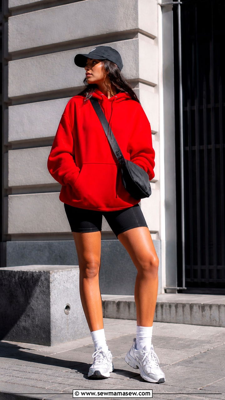 Red Hoodie with Biker Shorts and Chunky Sneakers - 40 Red outfit ideas